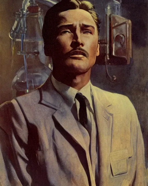 Image similar to Errol Flynn as a scientist. 1980s dystopian Soviet Russia, propaganda screens. Unreal engine, fantasy art by Greg Rutkowski, Gustave Courbet, Rosa Bonheur, Edward Hopper, Ilya Yefimovich Repin, Jean-François Millet, Andrew Newell Wyeth. Faithfully depicted facial expression, perfect anatomy global illumination, radiant light, detailed and intricate environment