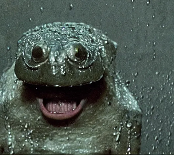 Image similar to Close up of Lepidobatrachus laevis smiling and facing the camera in a still from the movie Blade Runner (1982), high quality, rain, rain drops, cold lighting, 4k, night, award wining photo