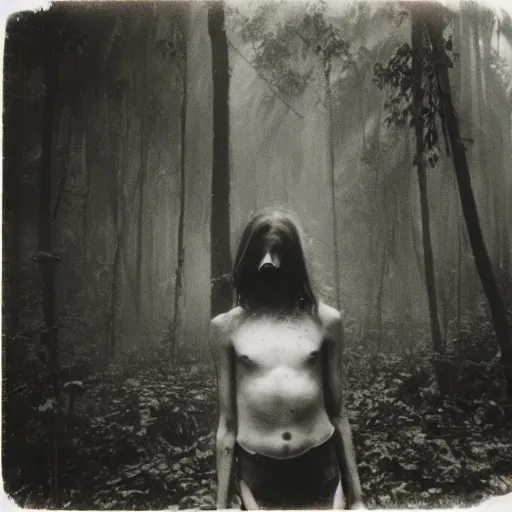 Prompt: an ancient evil-girl devouring the human souls on a mysterious Colombian jungle, mist, 1910 polaroid photography, grainy film, Black and white