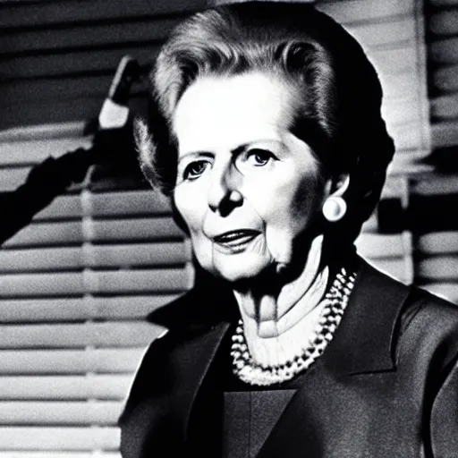 Prompt: A still of Margaret Thatcher as the Terminator in The Terminator (1984)