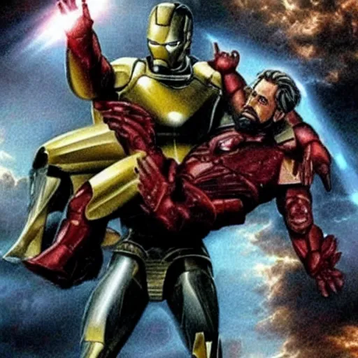 Prompt: full shot photograph of jesus christ being carried by iron man on doomsday