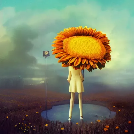 Image similar to giant daisy flower as a head, frontal, a girl in a suit, surreal photography, sunrise, dramatic light, impressionist painting, digital painting, artstation, simon stalenhag