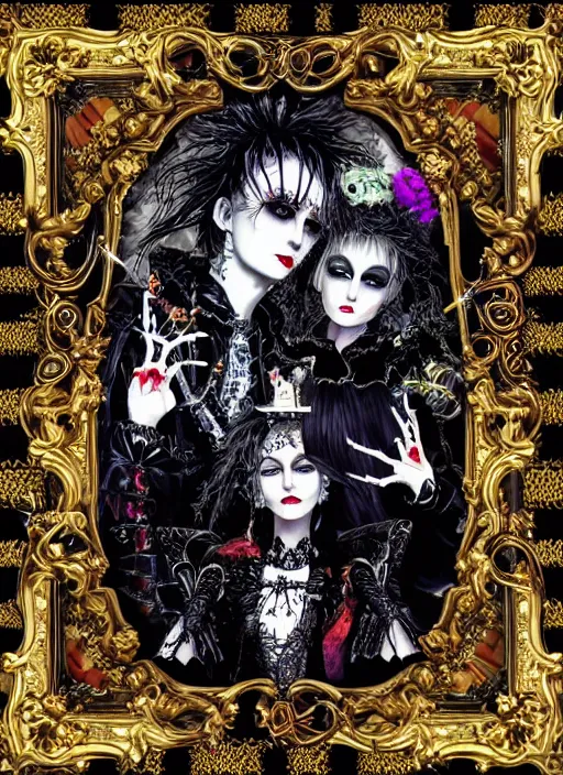 Image similar to baroque bedazzled gothic royalty frames surrounding a pixelsort emo demonic horrorcore Japanese Edward Scissorhands in Wonderland, sharpened early computer graphics, remastered chromatic aberration