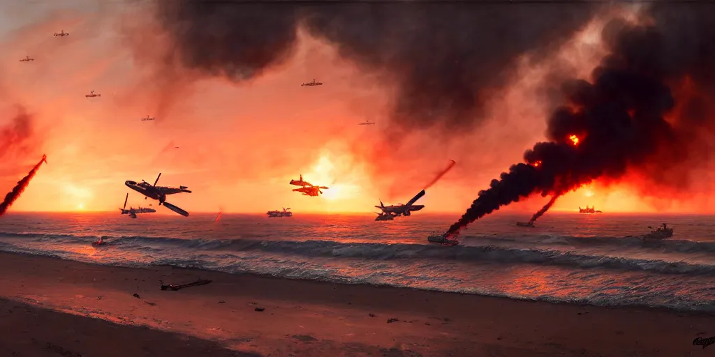 Image similar to the normandy!!!!! landings, d - day, 1 9 4 5, sunset, chaos!!!, smoke, fire, soldiers charging in, airplanes bombing the beach, destroyed tanks, highly detailed, wide shot, sadness, cinematic, ultra realistic!!!, ray tracing, by greg rutkowski