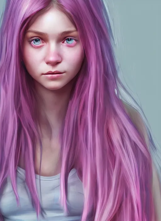 Prompt: highly detailed concept art for the main character in the award winning film named life is better in pink. the character is a unnaturally beautiful teenage girl with deep dark blue eyes and long curled pink hair, wearing light pink clothes. realistic cg render, anatomically correct, high key lighting, trending on art station, vibrant colors.