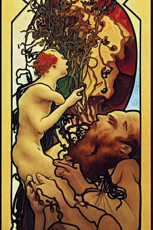 Image similar to saturn devouring his son painting by alfons mucha