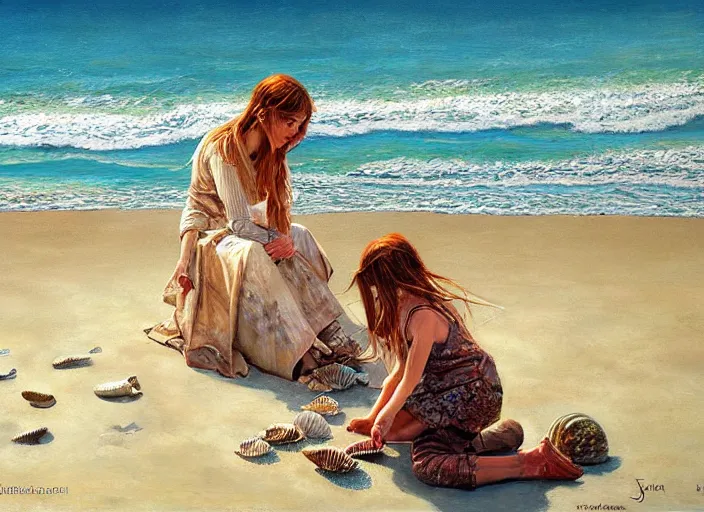 Image similar to she sells sea shells by the sea shore; painting by Jon foster.