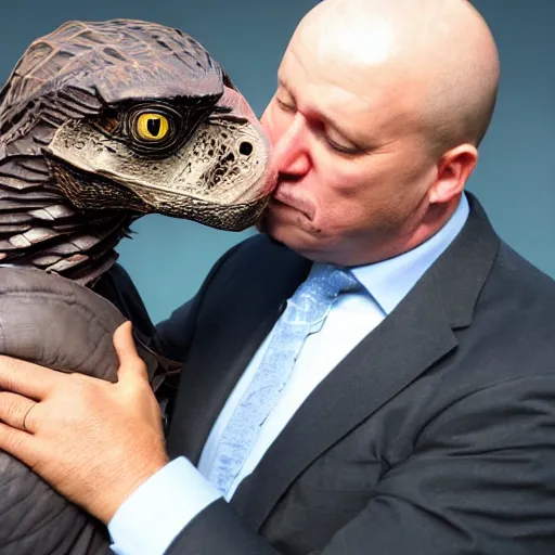 Prompt: dr ian malcom kissing a raptor