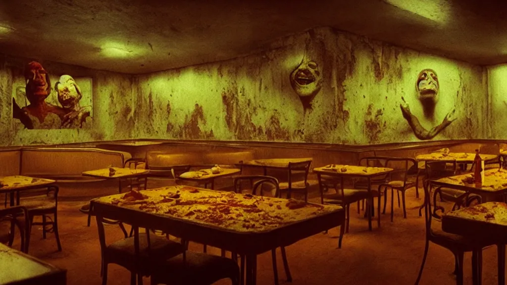 Image similar to the haunted fast food restaurant, film still from the movie directed by denis villeneuve and david cronenberg with art direction by salvador dali and zdzisław beksinski, wide lens