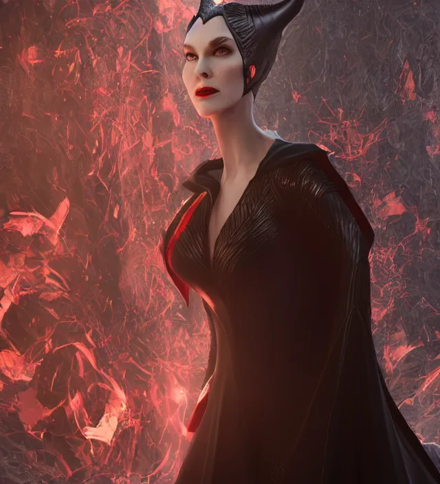 Image similar to scarlet witch as maleficent, nostalgia, very detailed texture, realistic shaded lighting, studio quality, digital art, dynamic background, unreal engine 5 rendered, octane rendered, pinnacle studio, naturel, trending on artstation, art style by nixeu and ian sprigger