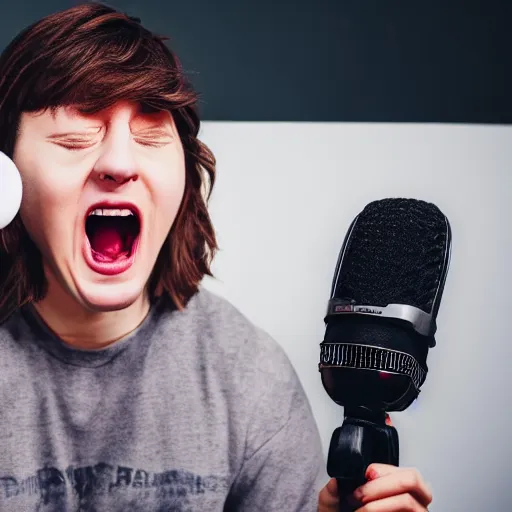 Prompt: a youtuber screaming into the microphone, having a mental breakdown