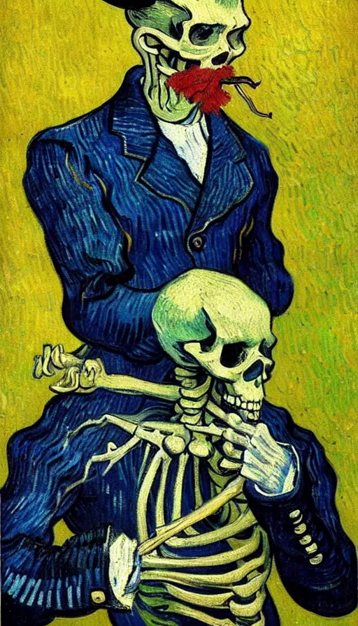 Image similar to 4k detailed painting by Van Gogh of a skeleton sailor (skeleton dressed like 19th century sailor in heavy wool coat, loose tie, shirt, and crooked crumpled hat, smoking cigarette), white and blue skeleton on a yellow background