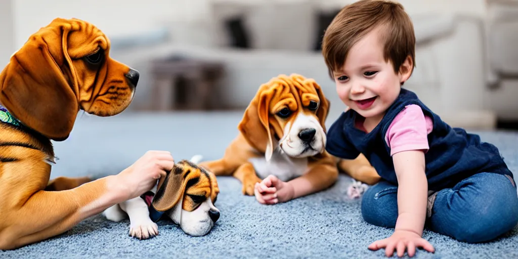 Image similar to toddler playing with pet beagle