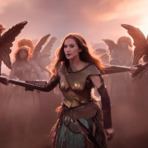 Image similar to the goddesses fraya going to war with her army of valkyries, golden hour, 8 k uhd, high detail, awe - inspiring.