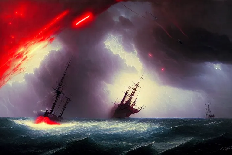 Image similar to A beautiful matte painting of huge alien spaceship attacking with powerful red lasers a Sailship in ocean in thunderstorm by Greg Rutkowski and Ivan aivazovsky