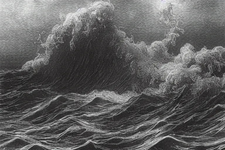 Image similar to black and white, close-up portrait of flowers drowning in the storm ocean, Gustave Dore lithography