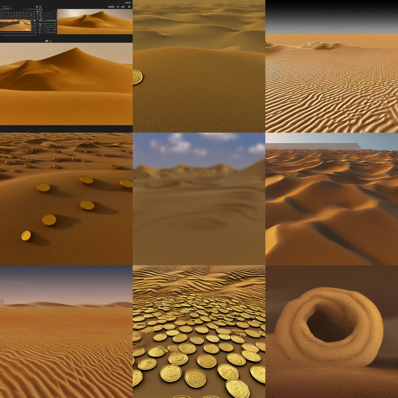 Prompt: digital matte painting dunes made of gold coins