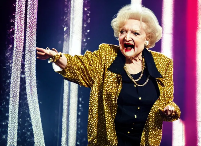 Image similar to publicity photo still of betty white as a gangsta rapper covered in gold chains, with grills in teeth and wearing a jumpsuit live on stage, 8 k, live concert lighting, mid shot