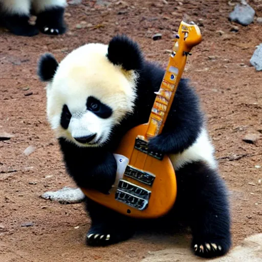 Prompt: adorable panda cub playing electric guitar at the chengdu panda base exhibit, national geographic style