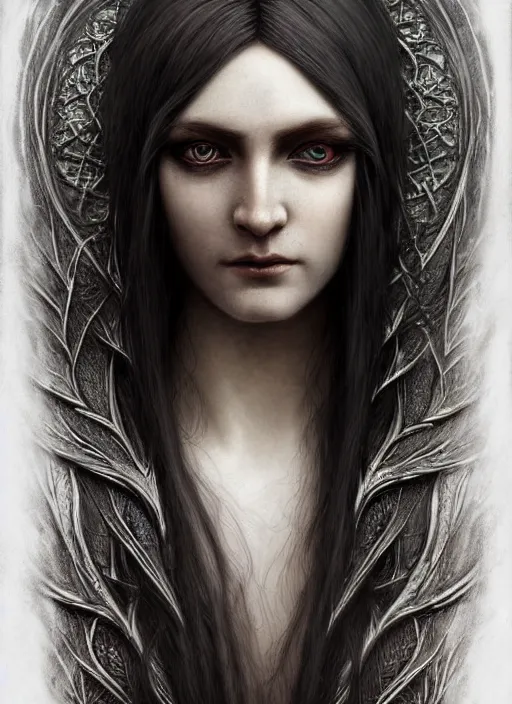 Image similar to immortal majestic elven sorceress wearing a cloak, long beautiful strands of pale white hair, engraving, concept art, elden ring, illustration, smooth, sharp focus, by gustave dore and greg rutkowski, hyper realistic face, piercing beautiful eyes, fantasy art, in the style of midjourney, intricate, alphonse mucha, hyper detailed