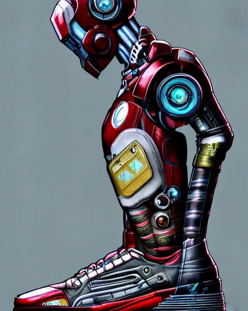 Prompt: an anthropomorphic cyberpunk futuristic sneaker of a ironman by sandra chevrier, by jon foster, detailed render, cybernetics, 4 k realistic, fender stratocaster, cryengine, realistic shaded lighting, sharp focus, masterpiece, by enki bilal