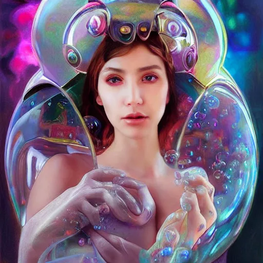 Image similar to dream portrait of a transformer , dreamy and ethereal, expressive pose, big pink eyes, exciting expression, fantasy, intricate, elegant, many rainbow bubbles, rose tones, highly detailed, digital painting, artstation, concept art,cyberpunk wearing, smooth, sharp focus, illustration, art by artgerm and greg rutkowskiand alphonse mucha, Salvador Dali