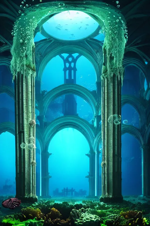 Prompt: high quality photo of cinematic underwater dystopian neo - gothic cathedral ruins with giant luminescent colorful aquatic plants and jellyfish, digital art masterpiece, aykut aydogdu eric zener, dramatic volumetric light, long shot, low angle uhd 8 k, sharp focus