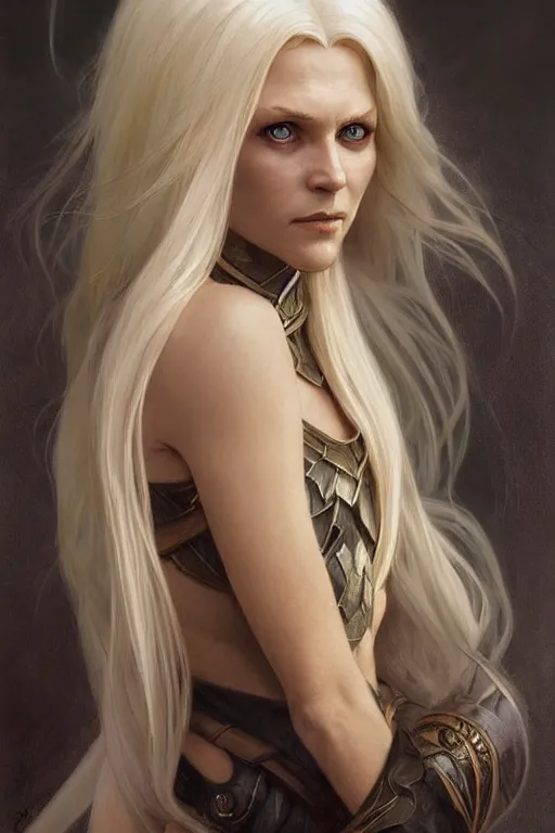 Image similar to portrait of an old blonde elven mage, dark, piercing eyes, gentle expression, elegant clothing, photorealistic, highly detailed, artstation, smooth, sharp focus, art by michael whelan, artgerm, greg rutkowski and alphonse mucha