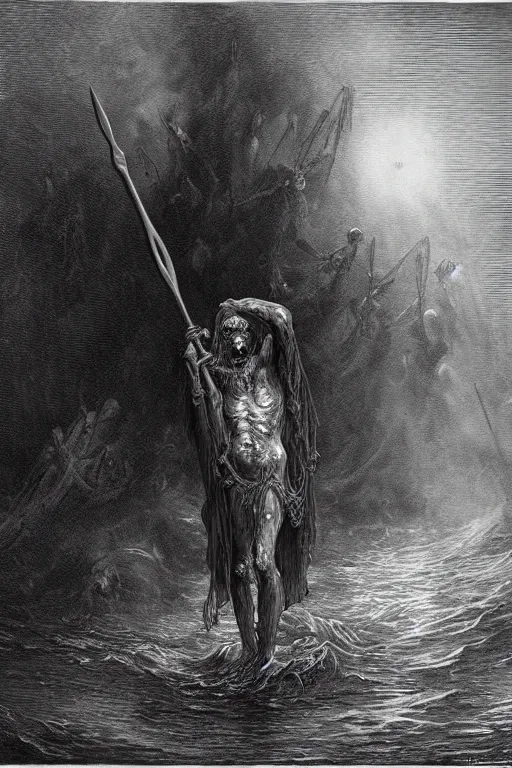 Image similar to painting by gustave dore of a drowned zombie with!! glowing cyan eyes!!, holding a trident, underwater