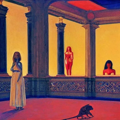 Image similar to a sphinx in mumbai, hyperrealistic painting by edward hopper, by gottfried helnwein, by klimt, by paolo uccello, art nouveau, highly detailed, strong lights, liminal, eerie, metaphysical, bright pastel colors,