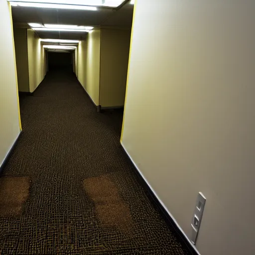 Image similar to Creepy shadowy creature in the backrooms, old moist carpet, mono-yellow, fluorescent lights, randomly segmented rooms, eerie