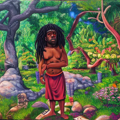 Image similar to chief keef in the garden of eden, wide angle, oil panting