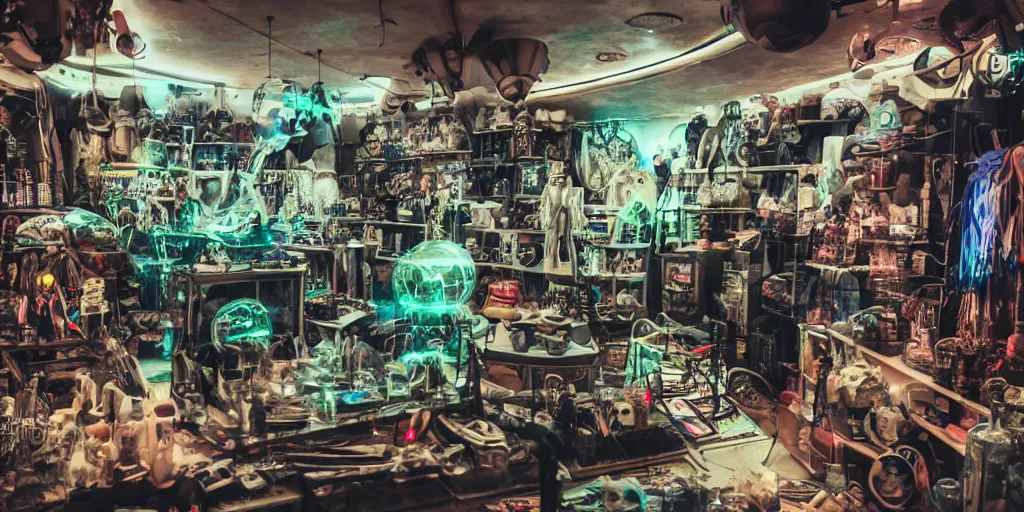 Prompt: a photo of a dirty alien shop, futuristic, holographic, 8k, sharp focus, Fujifilm