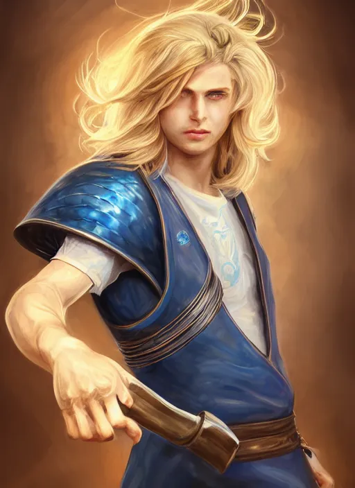 Image similar to a highly detailed illustration of long wavy bright blonde haired young effeminate boy wearing blue blacksmith apron and iron mechanical arms, blue eyes, dramatic smiling pose, intricate, elegant, highly detailed, centered, digital painting, artstation, concept art, smooth, sharp focus, league of legends concept art, wlop