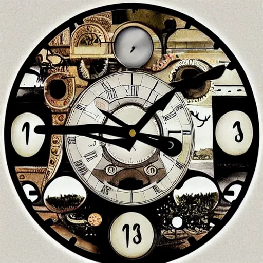 Prompt: clock in a dream, analog clock face, dreamy, unreal, surreal, art, drawn by salvador dali