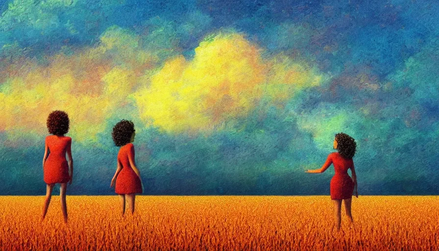 Prompt: red carnation afro head, full body, girl watching sunset, empty wheat field, surreal photography, colorful clouds, tree, impressionist painting, colorful clouds, digital painting, pointillism, artstation, simon stalenhag