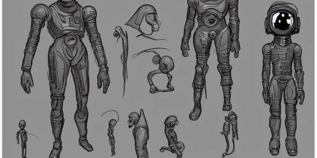 Image similar to male, fully body, elongated figure, science fiction space suit with a helmet, large shoulders, short torso, long thin legs, tiny feet, character sheet, funko, digital sketch, hyperdetailed, dieselpunk, stylized character design, concept design, in the style of mike mignola