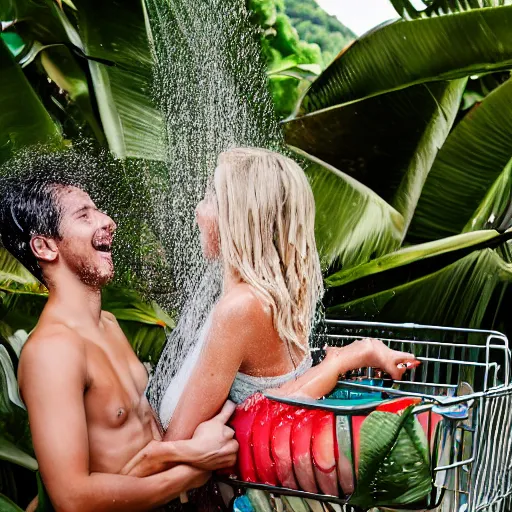 Image similar to full body portrait sony a 7 of two skinny blonde bikini models kissing squeezed in a shopping cart showering in a tropical jungle shower
