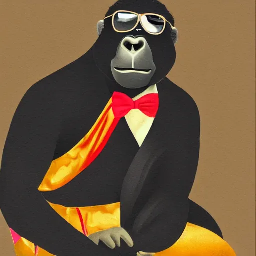 Prompt: a ukiyo style painting of a gorilla wearing a gold chain and wearing shades and wearing a nice black tuxedo wearing a red bow tie, highly detailed, 8 k, concept art,