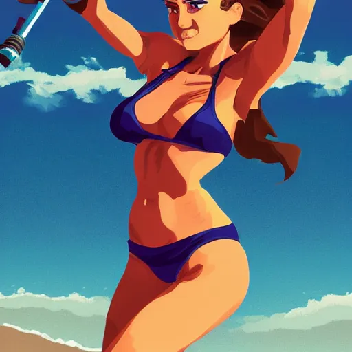 Prompt: laura stein woman holding a rocket launcher at the beach, half body shot, detailed bikini, gorgeous face, digital art, by makoto shinkai, by dan mumford, vector art