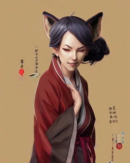 Image similar to Ssunbuki as an older woman with fox ears and a red kimono, visualartzi, Japanese, concept art by Karla Ortiz, James Paick, Charlie Bowater, Krenz Cushart, highly detailed, ultra detailed, ultra realistic, trending on artstation, cgstudio