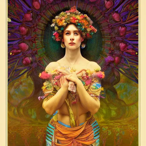 Prompt: a portrait oil painting of a singular beautiful female godess of spring with colorful flowers, holy geometry, tarot card style, by Mohrbacher and Moebius and Alphonse Mucha and Roger Deakins, cinematic lighting, masterpiece, golden ratio background, highly detailed, 8k resolution, trending on art station