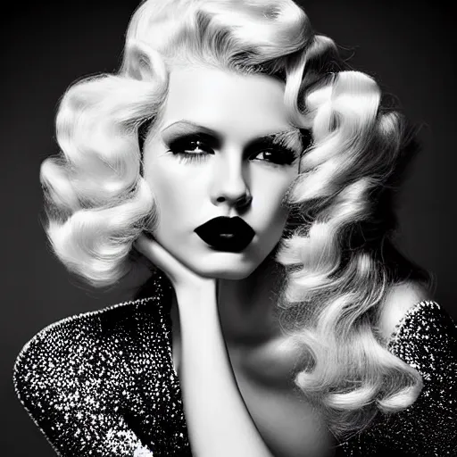 Prompt: stunning black and white portrait of a beautiful blonde woman by kenneth willardt. long curly glossy hair and makeup. vintage glamour. shiny dark lips. fashion photography.