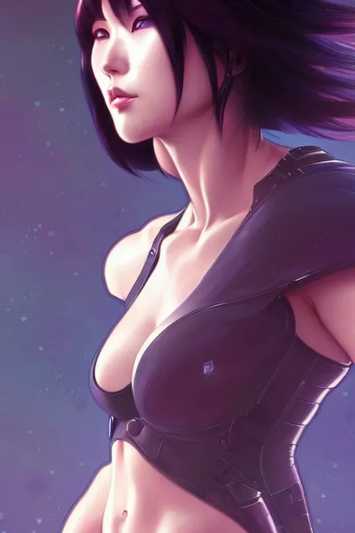 Image similar to beautiful motoko kusanagi, dark fantasy, intricate, elegant, highly detailed, digital painting, artstation, concept art, matte, sharp focus, illustration, art by artgerm and alphonse mucha