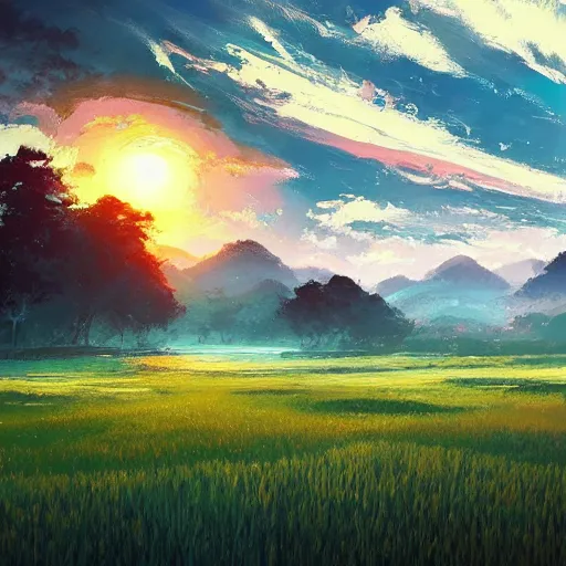 Prompt: beautiful scenery of a ricefield, by anato finnstark, by alena aenami, by john harris, by ross tran, by wlop, by andreas rocha