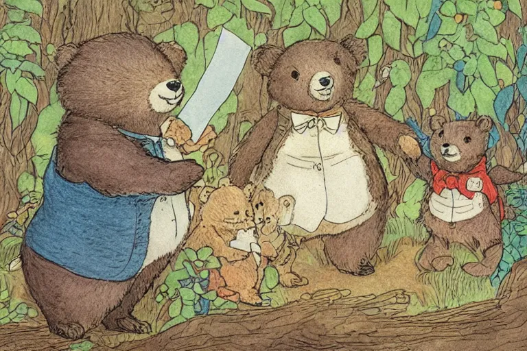 Image similar to a detailed children's book illustration by beatrix potter of a cute female bear child holding an envelope with a look of surprise surrounded by woodland animals. digital art, trending on artstation.