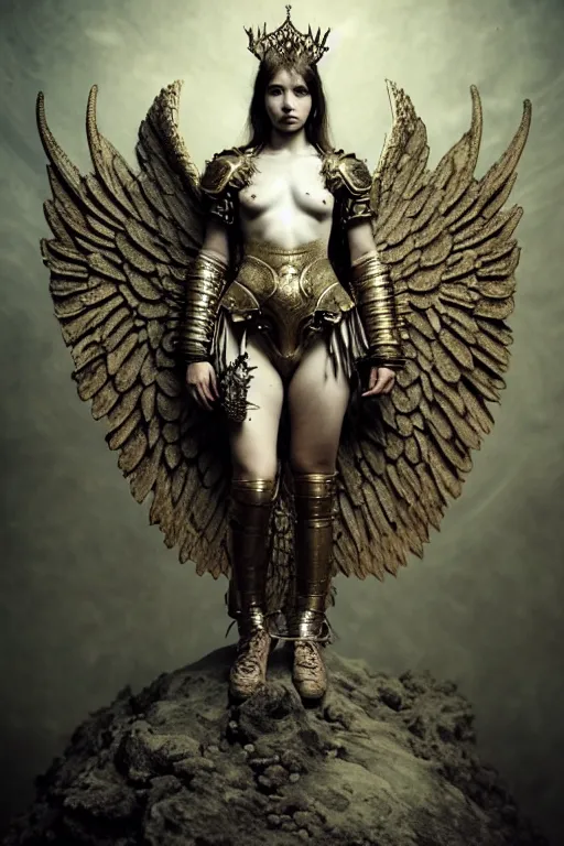 Prompt: warrior queen, intricate armor and wings, young, beautiful, woman, full - body, realistic portrait, ethereal, soft clean focus, art by emil melmoth, gustave dore, craig mullins, yoji shinkawa, art germ, pete morbacher, david lynch, hyper detailed, high detail, artstation, hyperrealistic, unreal engine 5, ravens
