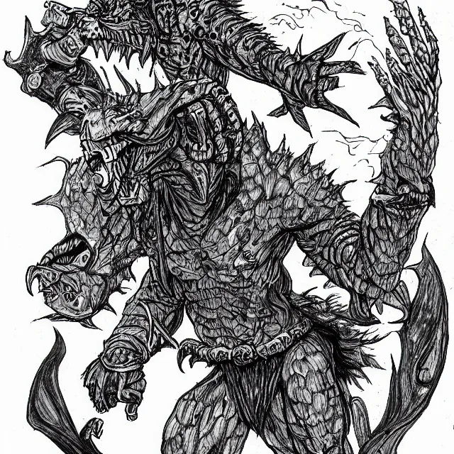 Prompt: Ink drawing of a draconic goblin shamen in the style of the AD&D monster manual detailed HD 8k High Resolution