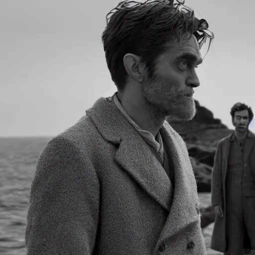 Prompt: Willem Dafoe and Robert Pattinson in The Lighthouse (2019), black and white cinematography