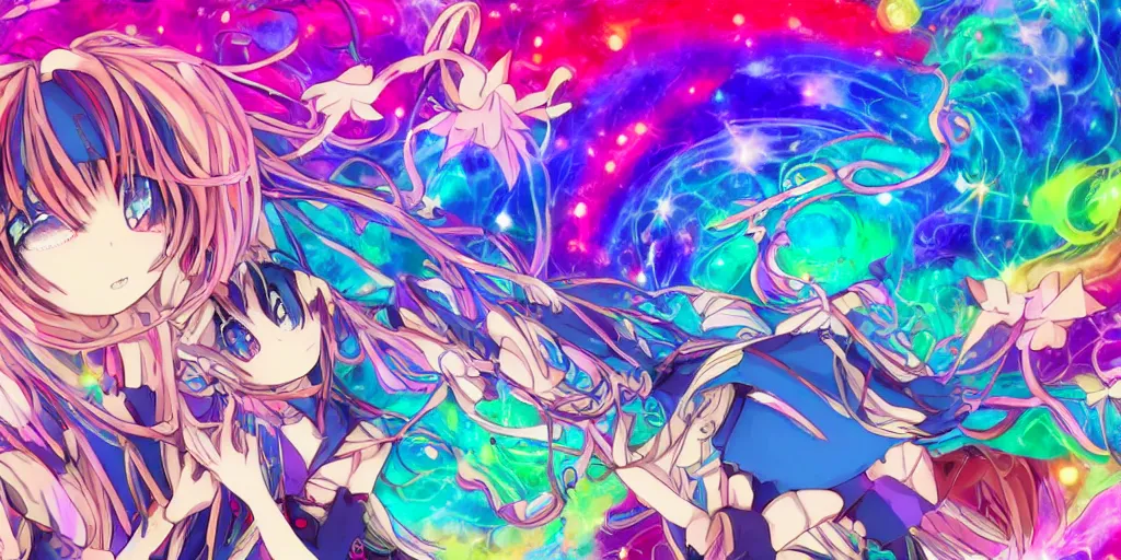 Image similar to Dreamy psychedelic anime, extremely colorful, geometric, Madoka Magica witch labyrinth, patchwork, photoshop, HDR, 4k, 8k, abstract, two anime girls standing within two raging colorful vortexes, detailed and cute faces on the anime girls, very cute and childlike, hugging, smiles and colors, floating feelings, stars as pupils, extremely detailed anime eyes, visible pupils